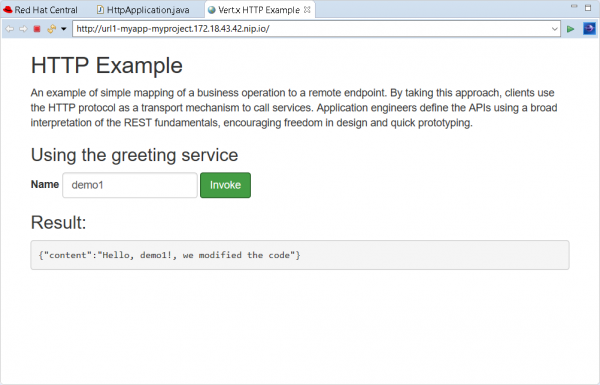 A screenshot shows the new message in the HttpExample application UI: 'Hello, demo1!, we modified the code.'