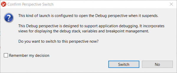 A screenshot with the option to select the Debug perspective.