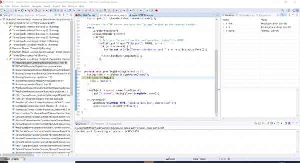 A screenshot of the new Debug window with the HttpExample application code.