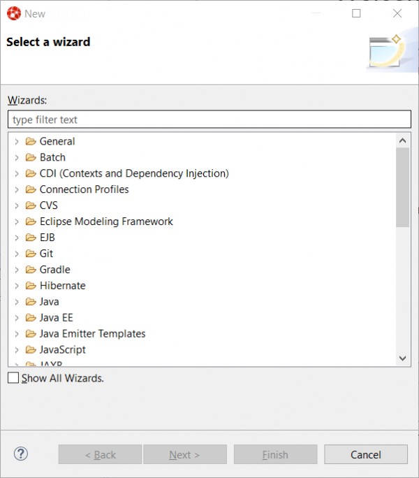 A screenshot of the drop-down list to select a new project wizard.