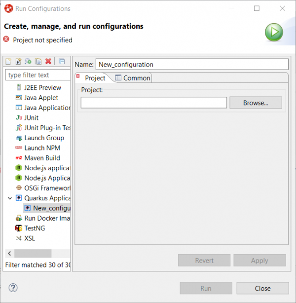 A screenshot shows the 'New configuration' option under 'Quarkus application'.