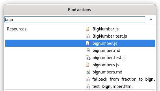 A screenshot of the &quot;bignumber.js&quot; file selected in Find Actions.