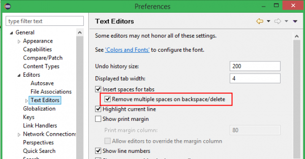 A screenshot of the &quot;Remove multiple spaces on backspace/delete&quot; option selected on the Text Editors preferences page.