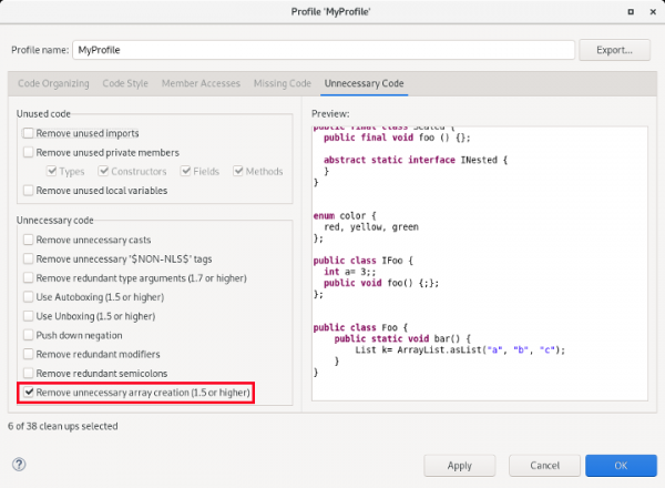 Screenshot of the Java Editor selected to remove unnecessary arrays.