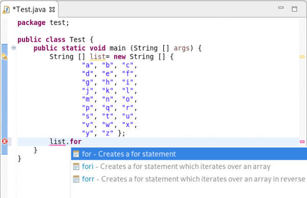 Screenshot of a selection for &quot;for - Creates a for statement.&quot;