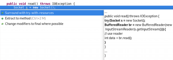 A screenshot of the selection &quot;Surround with try-with-resources&quot;.