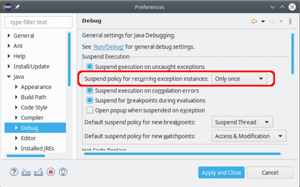 A screenshot of the new debug option for recurring exception instances.