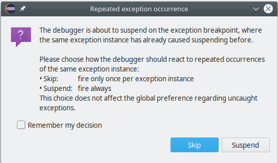 A screenshot of the JDT Debugger inquiring about a recurring exception instance.