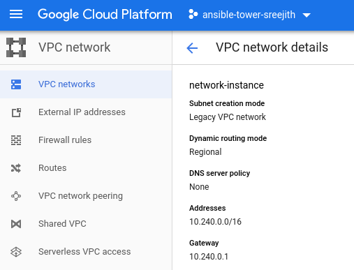 A screenshot showing the VPC network hosted on Google Cloud Platform.
