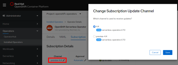 Change Subscription Update Channel dialog box
