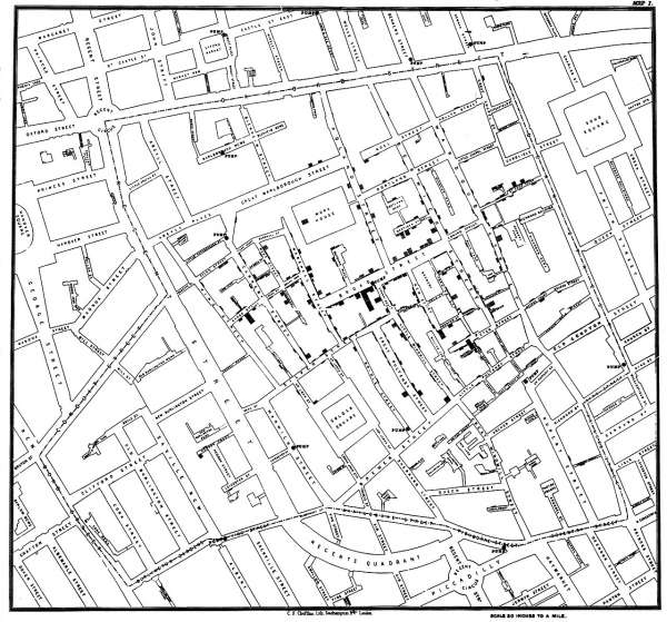 Original map by John Snow showing the clusters of cholera cases (indicated by stacked rectangles) in the London epidemic of 1854