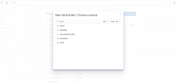 Kibana's New Vertical Bar / Choose a source dialog box.