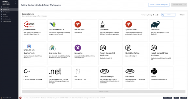 img_5e8c1278e54cf CodeReady Workspaces Getting Started Dashboard page