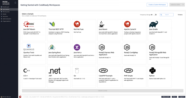 CodeReady Workspaces Getting Started Dashboard page