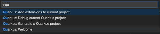img_5e8c12c280dac CodeReady Workspaces 2.1 Red Hat VS Code Quarkus plug-in with "qu" typed at the prompt to show the options that start with "Qu."