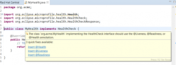 Image showing a prompt to install MicroProfile Health after using HealthCheck in the code.