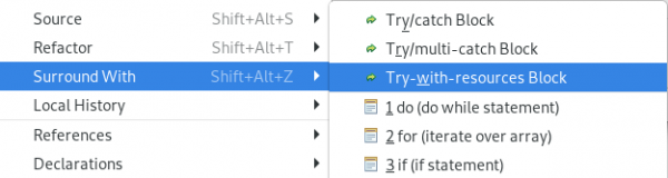 Dialog selecting Surround with Try-with-resources for the selected code block