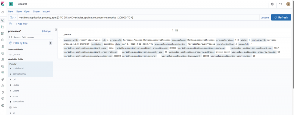 Kibana's raw section with two fields chosen and used in a custom query