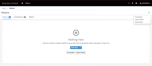 new_proj_samples Business Central -> Space -> MySpace -> Projects -> dropdown list box -> Try Sample
