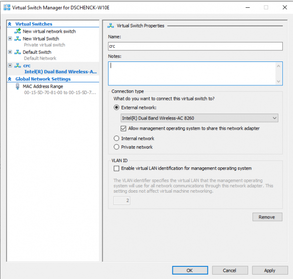 screenshot of the virutal switch manager dialog