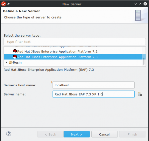 New Server dialog box with the specified options selected