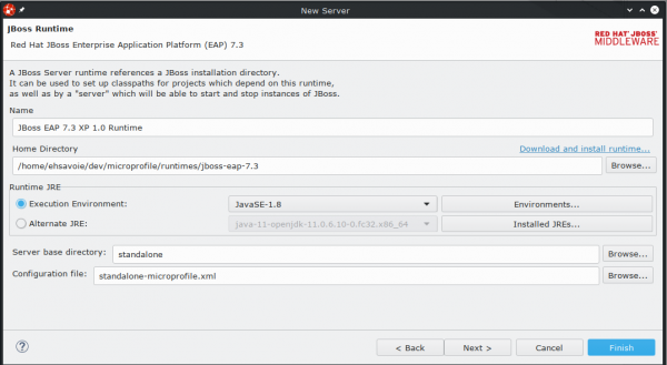 New Server dialog box for configuring the JBoss Runtime