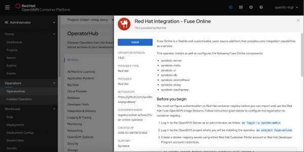 A screenshot of Fuse Online in the OpenShift Operator Hub.