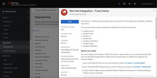 fuse_online_operator_3 A screenshot of Fuse Online in the OpenShift Operator Hub.