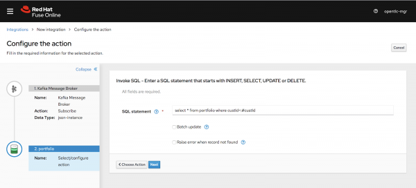 fuse_onliner_6 A screenshot of the dialog to create the Kafka event and the option to fetch the virtual data context.