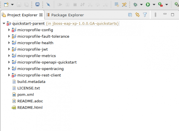 Project Explorer with quickstart-parent selected.