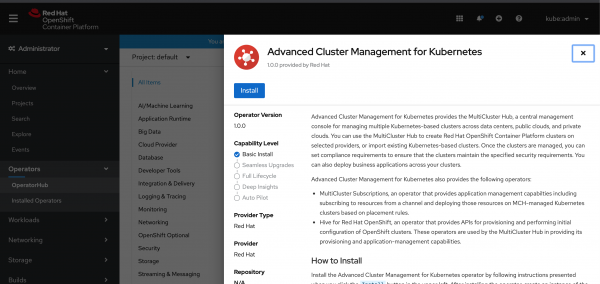 A screenshot of the installation page for Advanced Cluster Management for Kubernetes.
