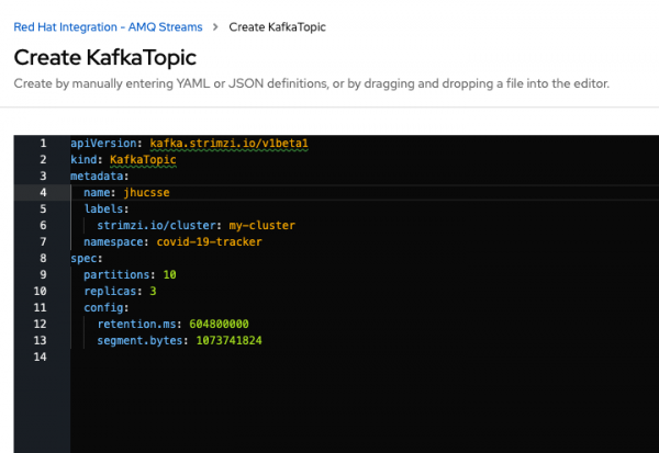 A screenshot of the YAML file to create the Kafka topic.