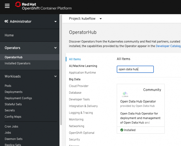 A screenshot of the OperatorHub with the Open Data Hub Operator selected and installed.