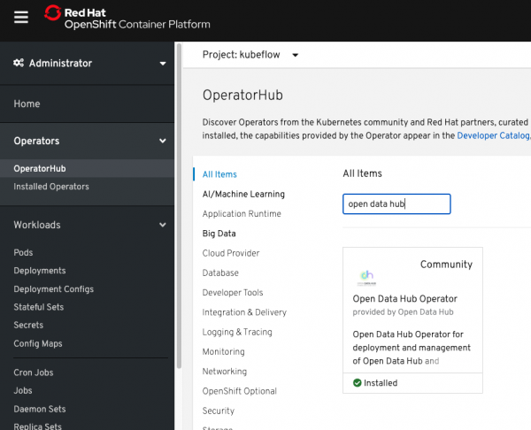 Screen Shot 2020-06-11 at 3.25.19 PM A screenshot of the OperatorHub with the Open Data Hub Operator selected and installed.
