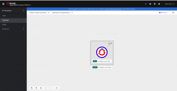crc-nodejs-serverless-scaled A screenshot of the OpenShift Topology view showing the application now scaled up.