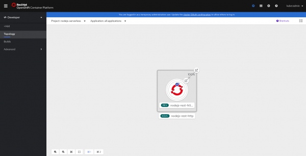 crc-nodejs-serverless A screenshot of the serverless Node.js application in the OpenShift dashboard's Topology view.