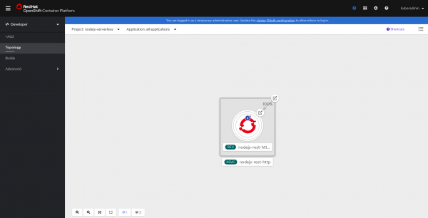 A screenshot of the serverless Node.js application in the OpenShift dashboard's Topology view.