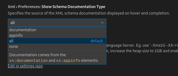 The VSCode settings menu, displaying the different options available for displaying XSD documentation