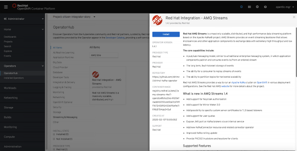 OpenShift Container Platform displaying the AMQ Streams Operator page.