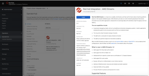 fuse_online_operator OpenShift Container Platform displaying the AMQ Streams Operator page.