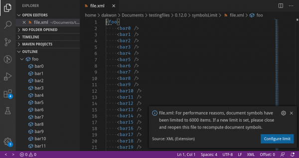 VSCode displays an error message when the document symbol limit is exceeded