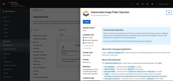 A screenshot of the installation page for the Image Puller Operator.