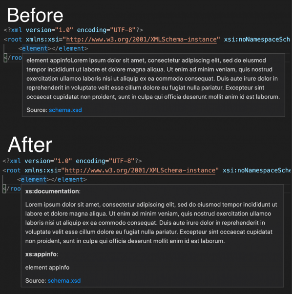 Before and after for hovering over an element with documentation. The hover now seperates appinfo and documentation using subtitles