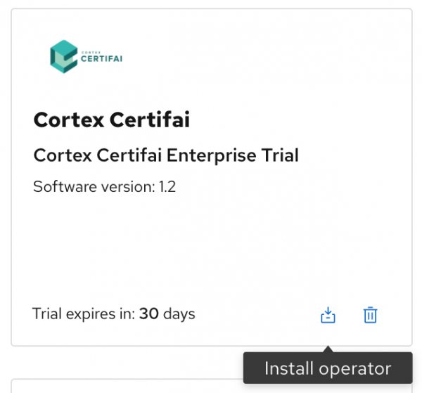 A screenshot of Cortex Certifai tile with the 'Install Operator' button.