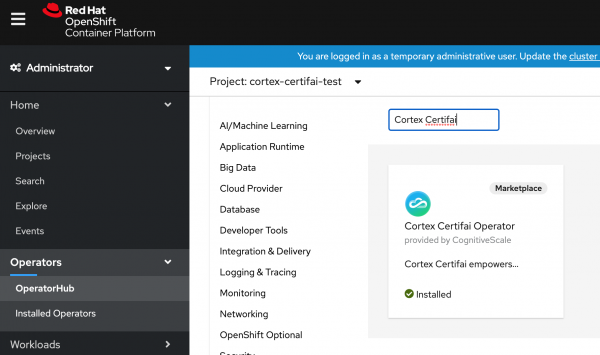 A screenshot showing the option to install an instance of Cortex Certifai.