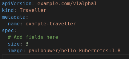 A screenshot of the example.com_v1alpha1_traveller_cr.yaml file.