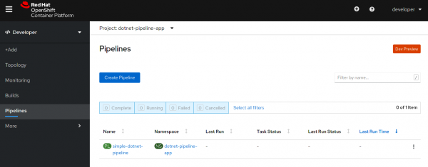 The OpenShift dashboard showing the newly created pipeline.