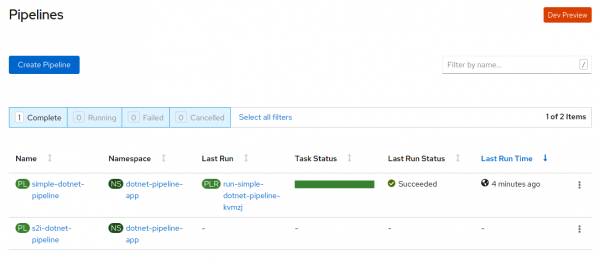 The OpenShift dashboard showing the S2I pipeline running.