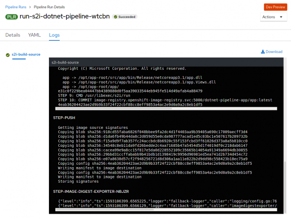 The OpenShift terminal showing the S2I pipeline running.