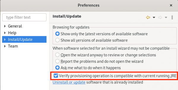 A screenshot of the Install/Update preferences page with the option to verify compatible provisioning.